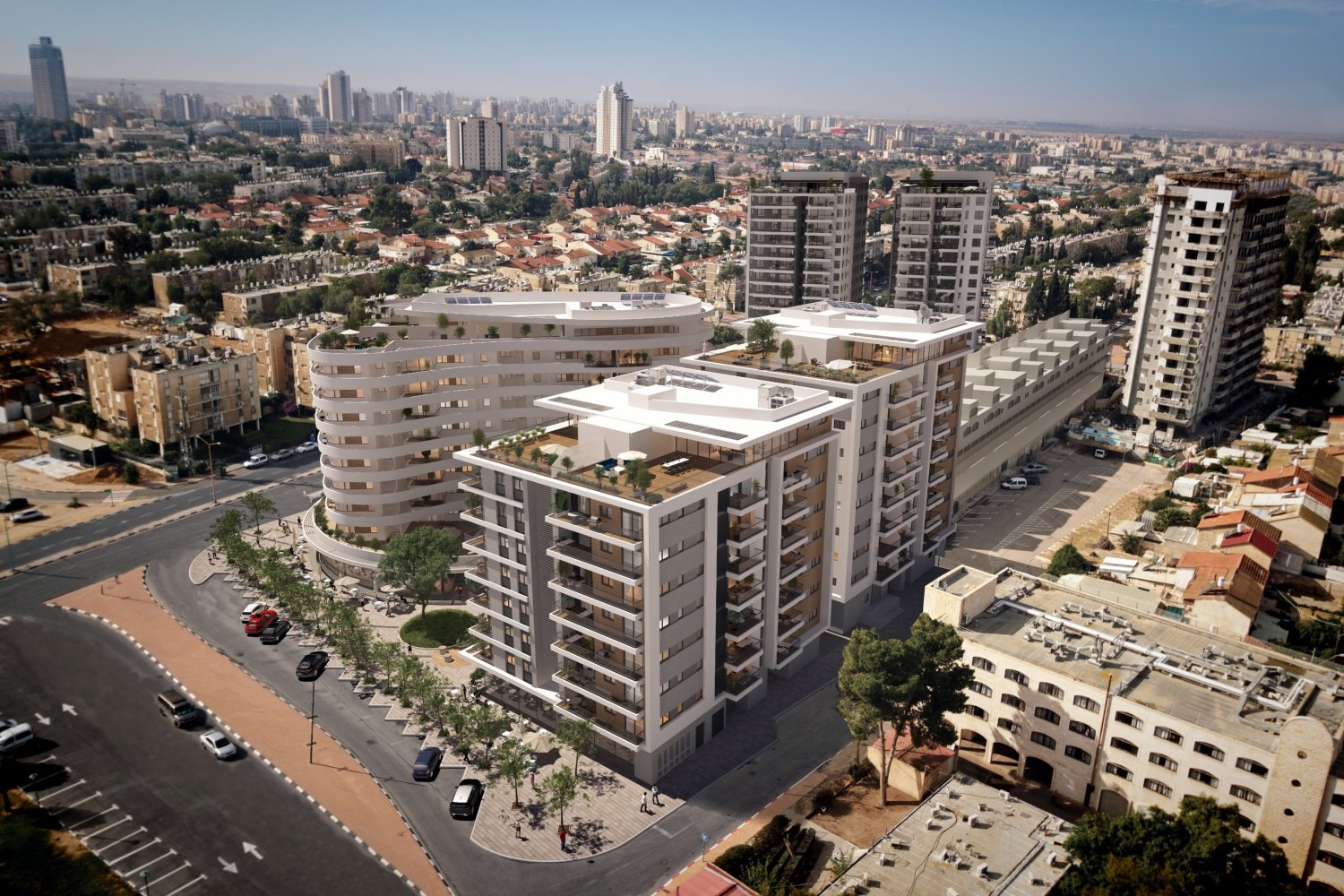 שני בניינים מתוכננים בעתיד בצדו השני של מרכז הנגב. מרכז הנגב כלוא ביניהם. צילום: 3DVISION