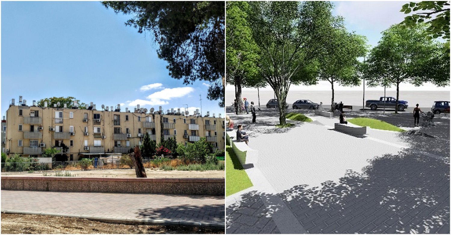 שיפוצים בשדרות בן גוריון. צילום: שרון טל, הדמיה: עיריית באר שבע