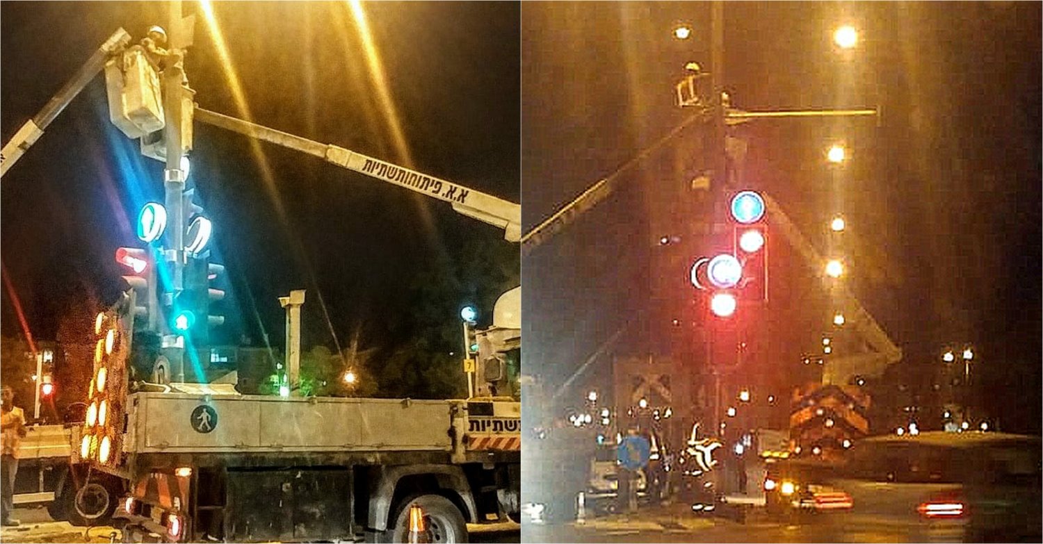 מתקנים את מפגע הרמזור בשדרות רגר. צילום: באר שבע נט 