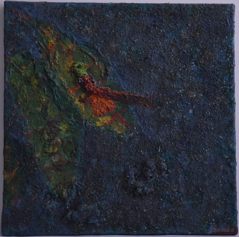 פסח סלבוסקי, ציפור, שמן ואבקת זכוכית, 50X50, מתנת המשורר מרדכי גלדמן