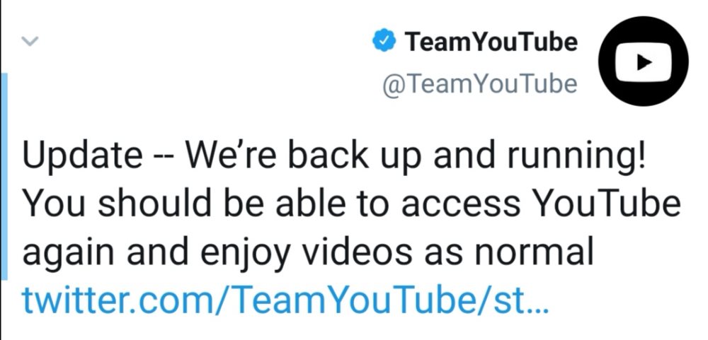 עדכון התקלה טופלה יוטיוב חזר לפעול צילום מסך מתוך עמוד יוטיוב בטויטר