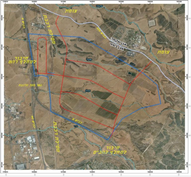 השטח שעליו מתכננים לבנות את 'תלה' (בכחול). 