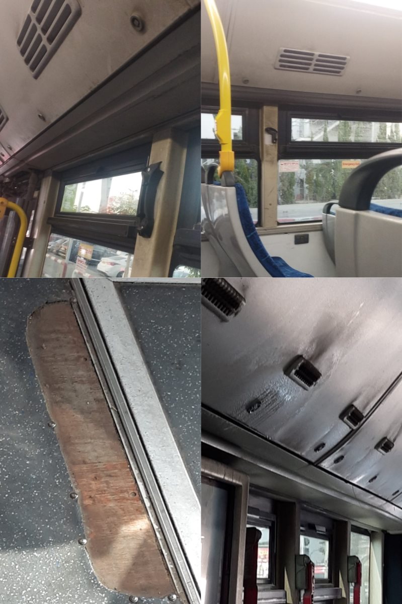 שניים מפטישוני החירום חסרים תמונה מה-10.9, פי וי סי בלוי בקו 33 של 0930  מחניון רכב כבד, תמונה מה-1.9, מזגן נוזל ופנלים מלאים בפיח בקו 33 מחניון רכב כבד למסוף יא, תמונה מה- 23.8. קרדיט צילום פרטי