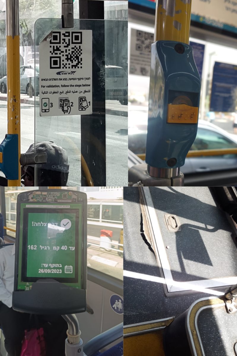 לחצן עצור שבור בקו 4 בתאריך 15.8, מדבקה מקולפת תמונה מה-1.9, ציפוי ריצפה קרוע  בקו 6 מהעצמאות למרכזית, תמונה מה- 22.8 ומכשיר תיקוף כרטיסים לא תקין ולא בטיחותי בקו 12 לכיוון אצטדיון טרנר. קרדיט צילומים פרטיים