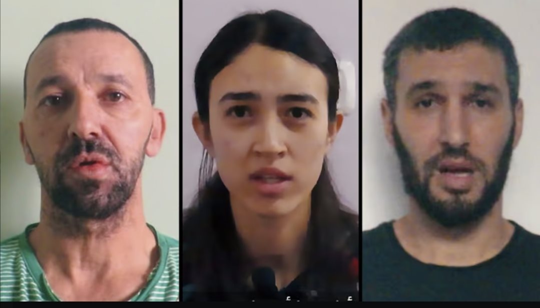 מימין: איתי סבירסקי, נועה ארגמני ויוסי שרעבי. מתוך סרטון שפירסם חמאס