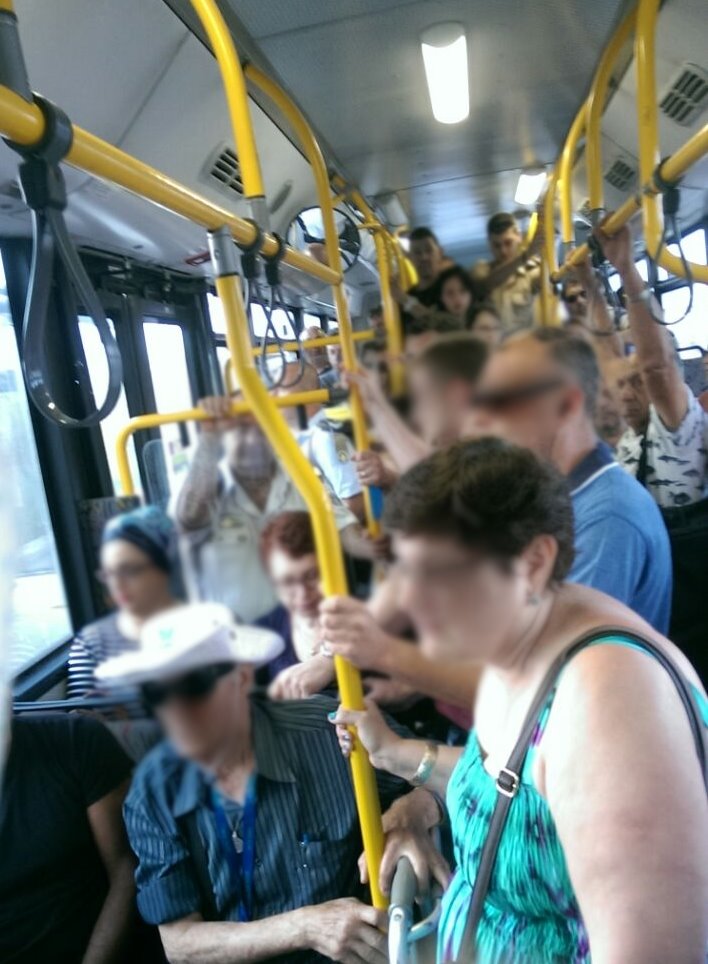 נוסעים ביניהם מבוגרים דחוסים כמו קופסת סרדינים. קו 31 מנווה זאב בשעה 6 בבוקר. (צילום: שירלי שרגני)